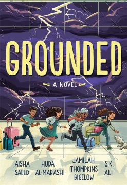 a picture of book cover of Grounded, showing four muslim kids in an airport running after a cat