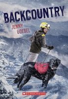 book cover Backcountry. A girl in snow gear and a helmet hikes on a snowy mountain with a large black dog at her side