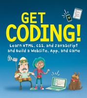 cover image of the book "Get Coding!" featuring two cartoon people, a computer, and a dog