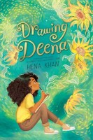 book cover Drawing Deena a girl with thick curly dark hair and a yellow shirt sits on the floor and draws. yellow daisies on a green background 