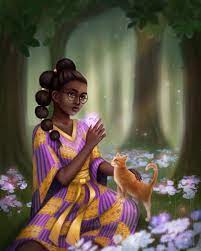 Adia Kelbara character art black tween wearing yellow dress in forest with orange cat