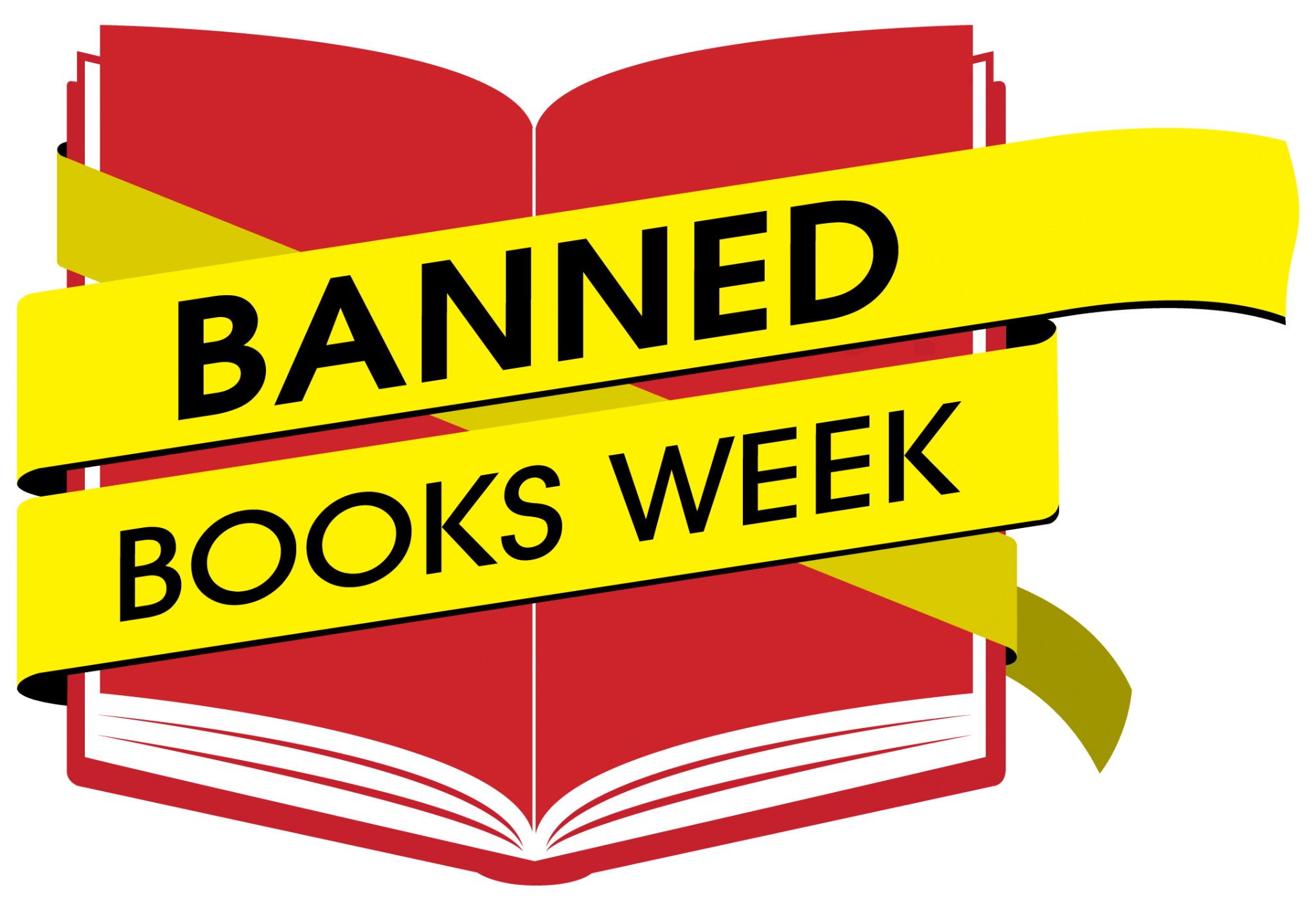 Banned Book Week logo featuring an open red book with yellow banner across the middle. Text on banner reads "Banned Books Week."