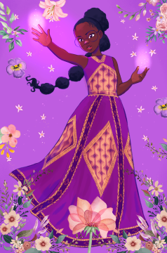 character art Adia in purple dress surrounded by flowers